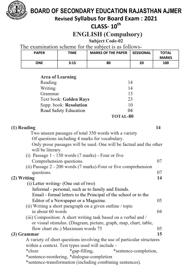 BSER 10th English Compulsory Syllabus