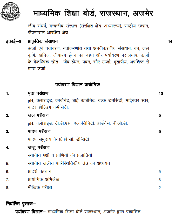 RBSE 11th Environmental Science Syllabus