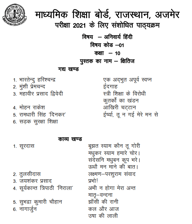 BSER 10th Hindi Compulsory Syllabus