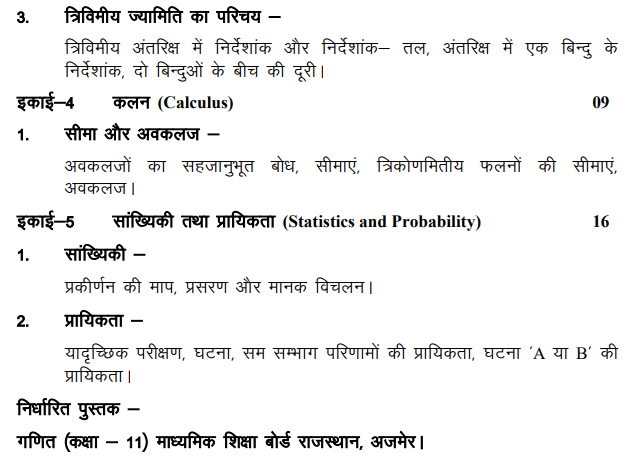 RBSE 11th Mathematics Syllabus