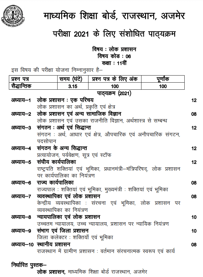 RBSE 11th Public Administration Syllabus