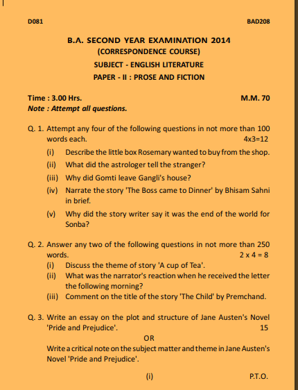 Ba 2nd Year English Literature Question Papers 2025 Pdf अ ग र ज स ह त य