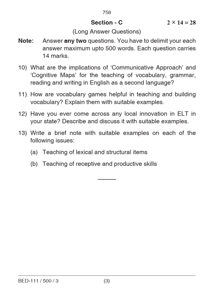 BED Pedagogy of English Question Papers 2023 PDF