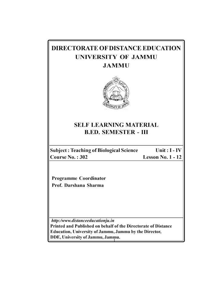 Pedagogy of Biology Book in English PDF by Jammu University