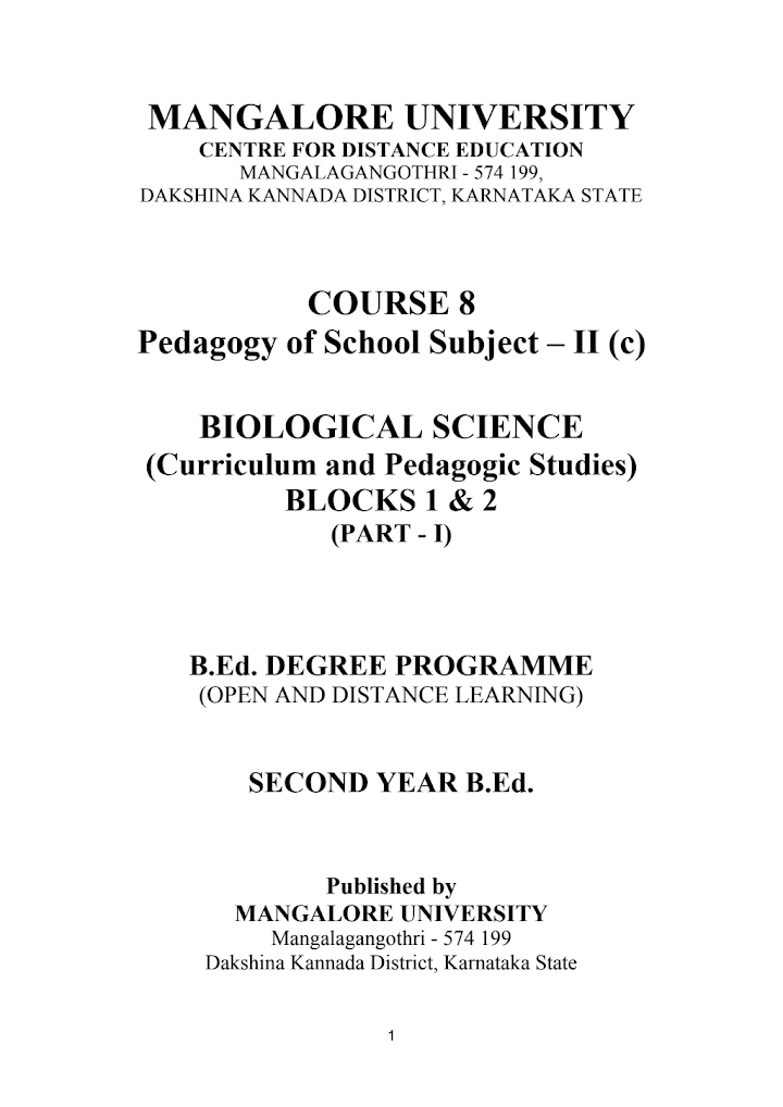 Pedagogy of Biology Book in English PDF by Mangalore University