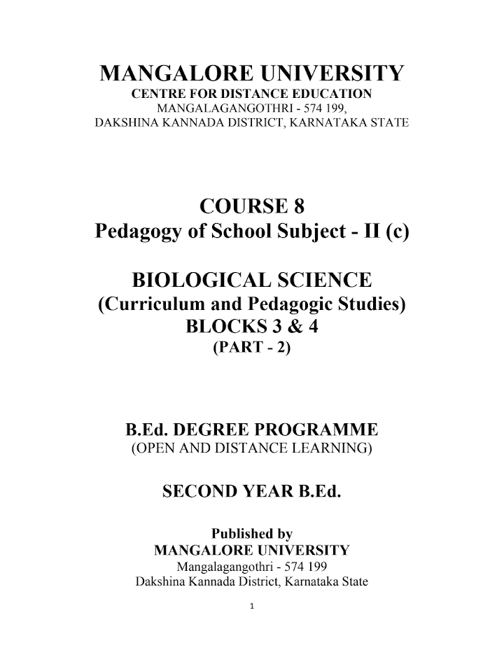 Pedagogy of Biology Book in English PDF by Mangalore University