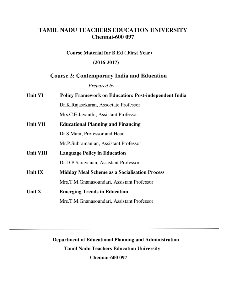 Contemporary India and Education Book in English PDF by TNTEU
