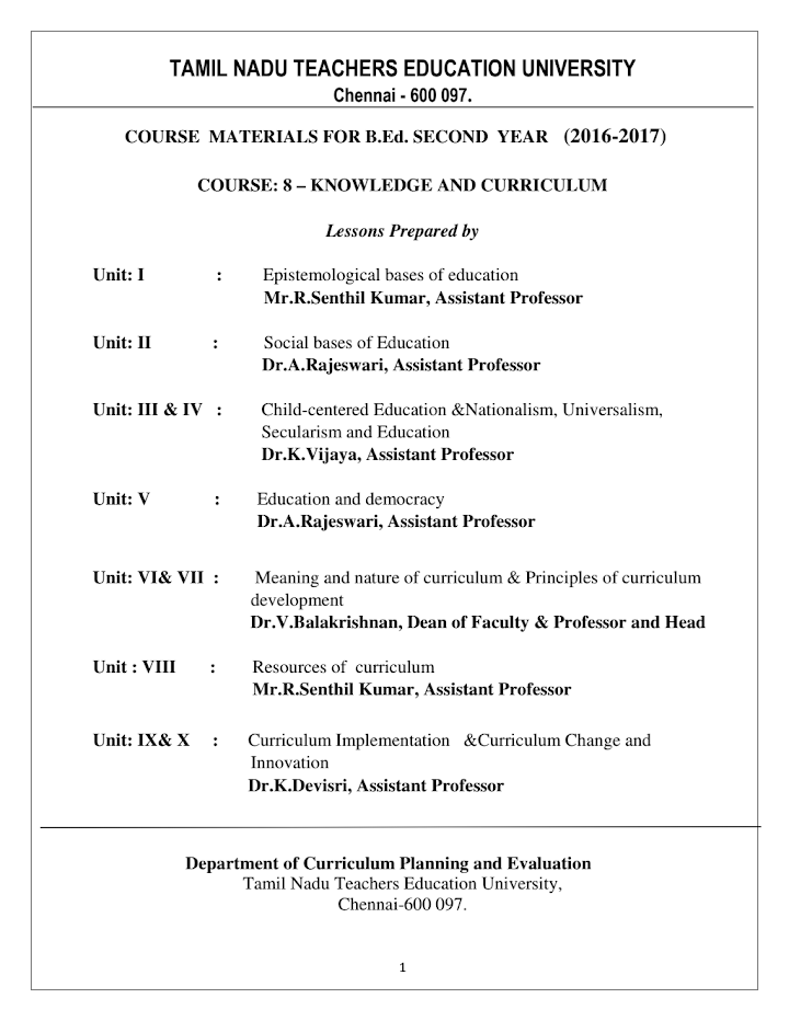 Knowledge and Curriculum Book in English PDF by TNTEU