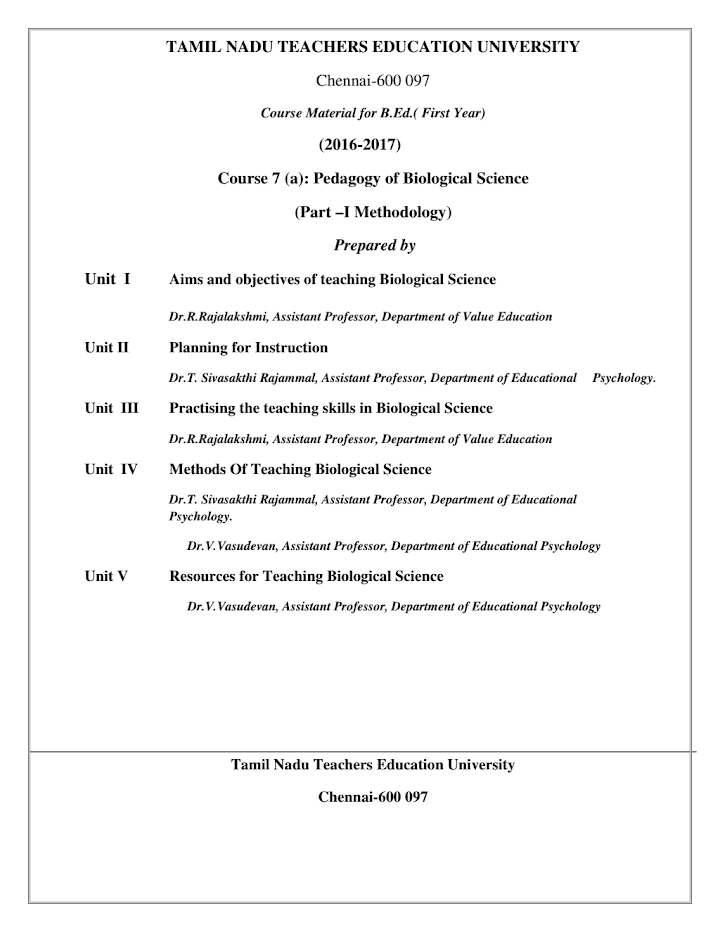 Pedagogy of Biology Book in English PDF by TNTEU